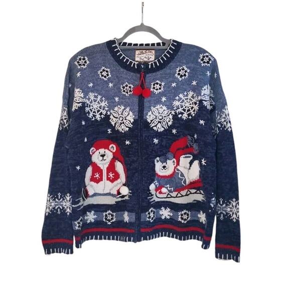 Vintage Holiday Blue Snowflakes Polar Bear Full Zip Cardigan Sweater, Women's XL - Picture 1 of 11